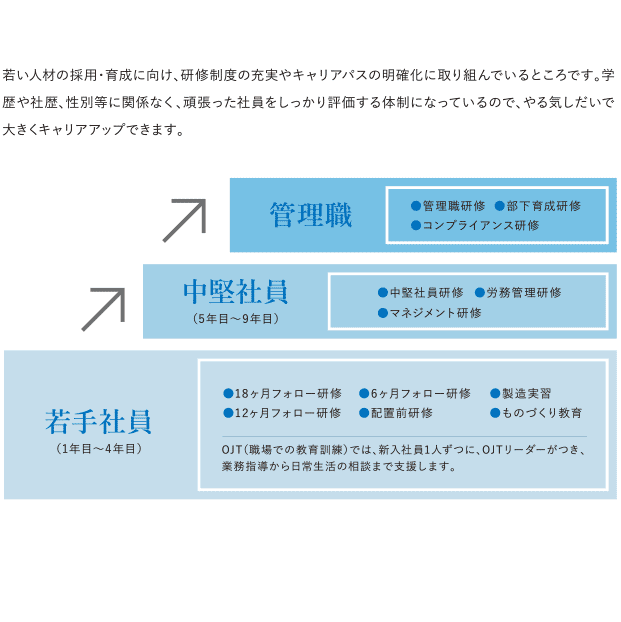 若い人材の採用・育成に向け、研修制度の充実やキャリアパスの明確化に取り組んでいるところです。学歴や社歴、性別等に関係なく、頑張った社員をしっかり評価する体制になっているので、やる気しだいで大きくキャリアアップできます。