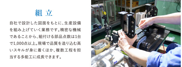 組立 自社で設計した図面をもとに、生産設備を組み上げていく業務です。精密な機械であることから、組付ける部品点数は1台で1,000点以上。現場で品質を造り込む高いスキルが身に着くほか、複数工程を担当する多能工に成長できます。
