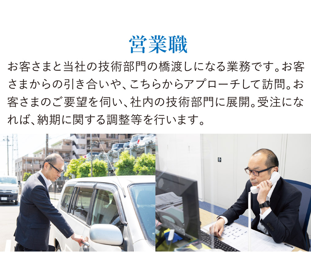 営業職 お客さまと当社の技術部門の橋渡しになる業務です。お客さまからの引き合いや、こちらからアプローチして訪問。お客さまのご要望を伺い、社内の技術部門に展開。受注になれば、納期に関する調整等を行います。