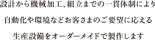 設計から機械加工、組立までの一貫体制により自動化や環境などお客さまのご要望に応える生産設備をオーダーメイドで製作します